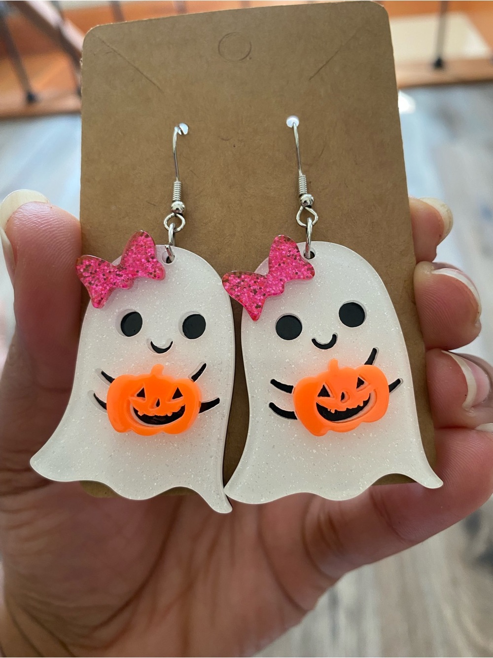 White Glitter Ghost Earrings with Pink Bow and Orange Pumpkin